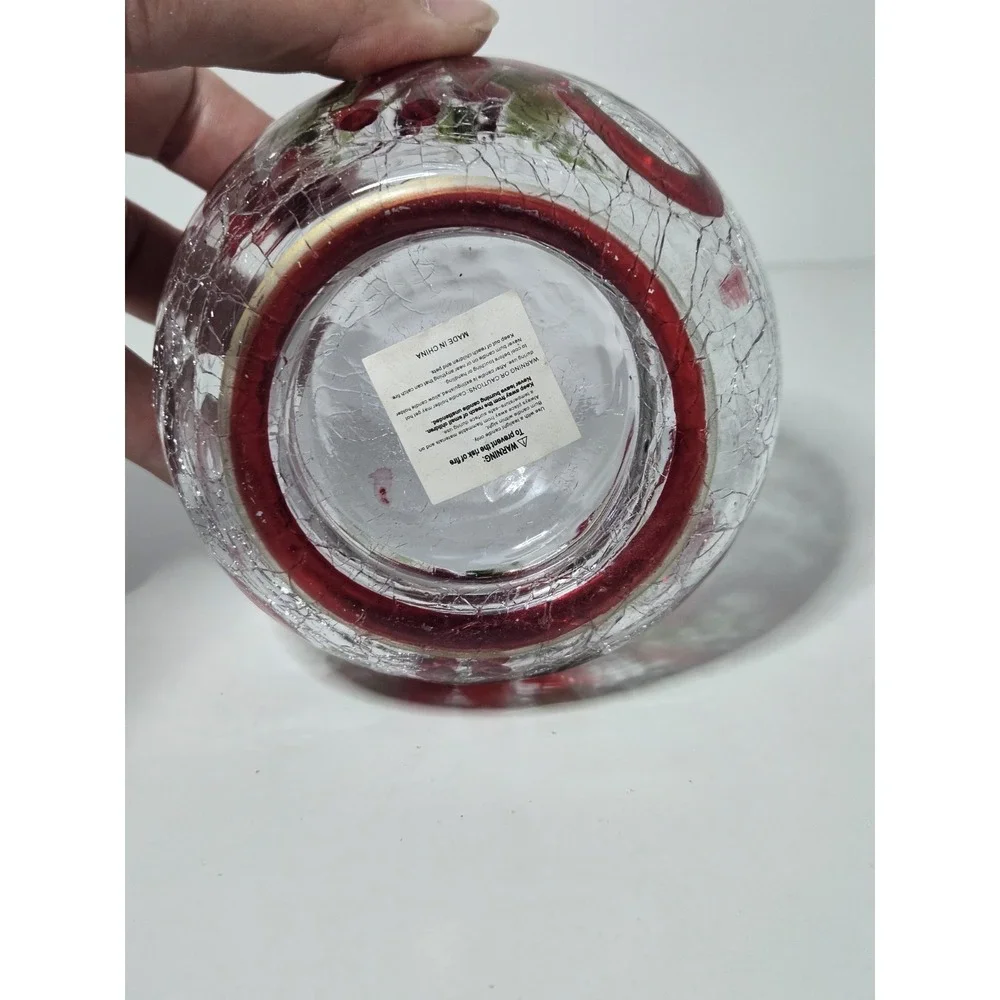 Crystal Clear Christmas Poinsettia Hand Painted Crackle Glass Votive Holder Vtg